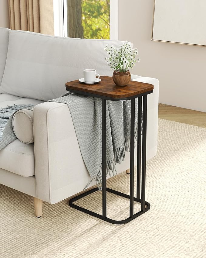 C Shaped End Table, 27 Inches High Small Side Table for Sofa and Bed, Couch Table Slides Under, Tall Tv Tray Table for Living Room, Bedroom, Metal Frame, Rustic Brown & Black