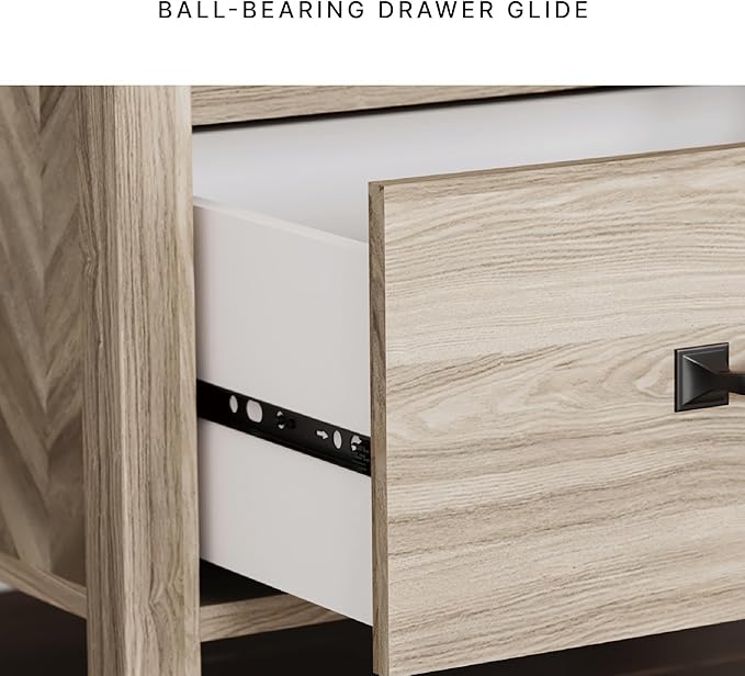Signature Design by Ashley Battelle Mid-Century Modern Nightstand with Chevron Pattern, 2 Storage Drawers, Dark-Color Hardware, Wood, 24.5" High, Light Brown