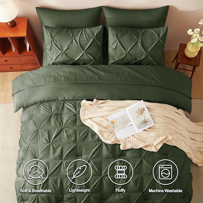 CozyLux Queen Comforter Set Olive Green, 7 Pieces Pintuck Bed in A Bag, Premium Green Comforter Queen Size, Pinch Pleat Bedding Sets with Comforter, Sheets, Pillowcases & Shams