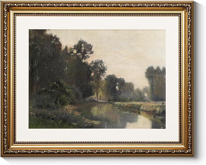 ARPEOTCY Vintage Gold Framed Wall Art Decor, Living Room Bedroom River Scenery Landscape Pictures Wall Art, Farmhouse Retro Decor, Canvas Prints, Antique Picture Frame Vintage Paintings,13x16 Inch
