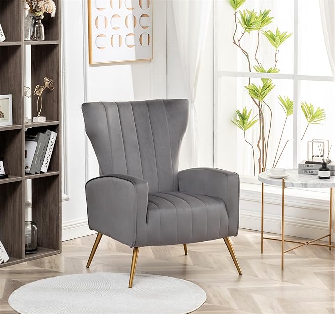 Modern Velvet Accent Chair, Channel Tufted Bedroom, Office or Living Room Furniture with Elegant Metal Legs, 26" Wide Armchair, Grey