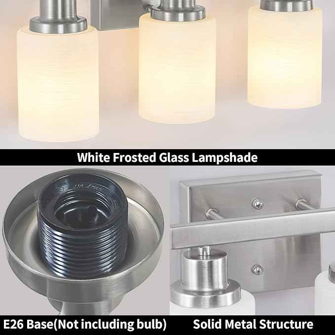 Bathroom Light Fixtures Over Mirror, 2-Light Modern Nickel Vanity Lights with White Glass Shade, Bathroom Wall Lamp Sconces for Mirror Bedroom, Living Room Hallway Small Space