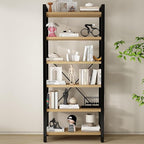 Real Solid Wood Rustic Vintage Industrial Etagere Bookshelf, Metal & Timber Free Vintage Bookcase, Retro Brown (Genuine Timber) (6-Tiers-Natural Finish)