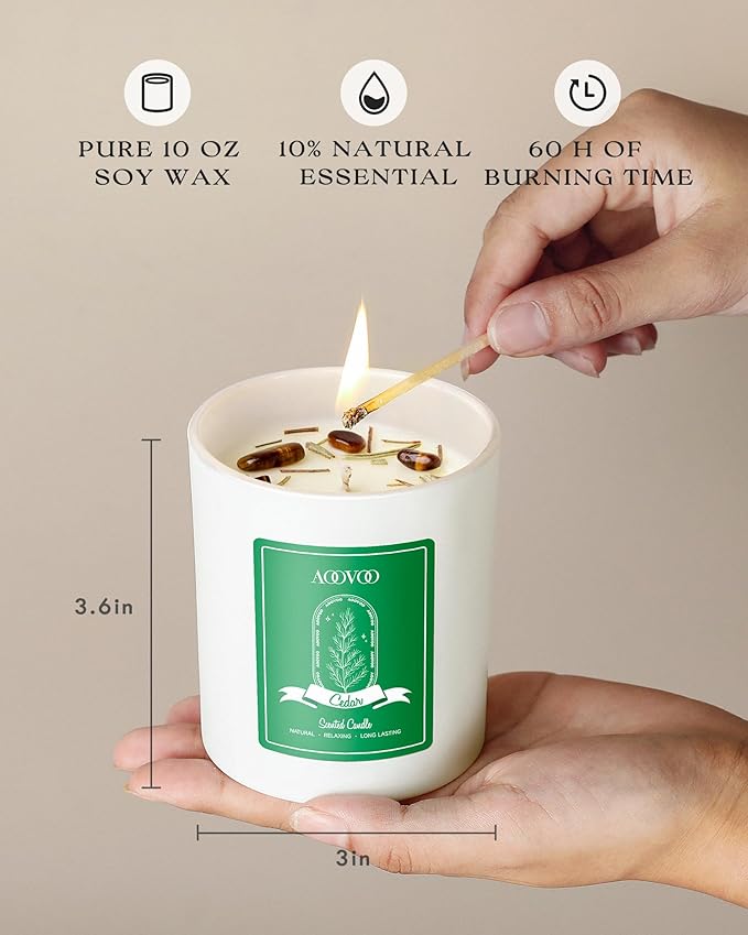 AOOVOO Cedar Scented Candles for Women - Aromatherapy Candle with Crystals Inside, 10oz Soy Candles for Home Scented, Birthday Gifts Valentines Day Candle for Women Mom