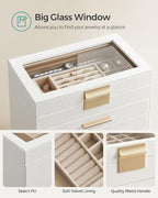 SONGMICS GISELLA Collection - Jewelry Box Organizer, 6-Layer Jewelry Storage with 5 Drawers, Shiny Metal Hardware, Glass Lid, Modern, 6.4 x 9.9 x 11.4 Inches, Cloud White and Gold Color UJBC171W01