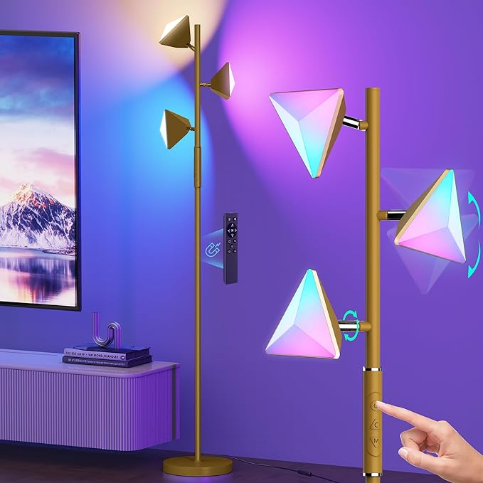 36W RGBCW Floor Lamp, Color Changing LED Tree Floor Lamp, Stepless Dimmable Tall Standing Lamp with Remote & Touch Control, 2700K-6500K Modern Floor Lamps for Living Room, Bedroom, Gaming Room - Gold