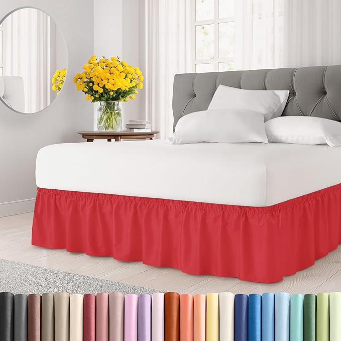 Wrap Around Dust Ruffle Bed Skirt - Red - Twin/Twin XL Size Beds with 18 Inch Drop - Easy Fit Elastic Strap - Adjustable Pleated Bedskirt w/Brushed Fabric - Wrinkle Free - Women, Men, Kids & Teens