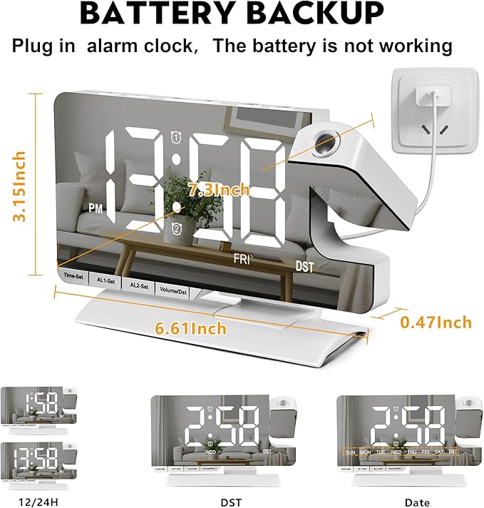 Amgico Projection Alarm Clock,Digital Clock with Projection,7.3" Mirror Clock with 180°Rotating Projector,Dual Alarm with 3 Mode,Bright Adjust,DST,Snooze,Charging Port,5 Levels Volume for Desk Teens