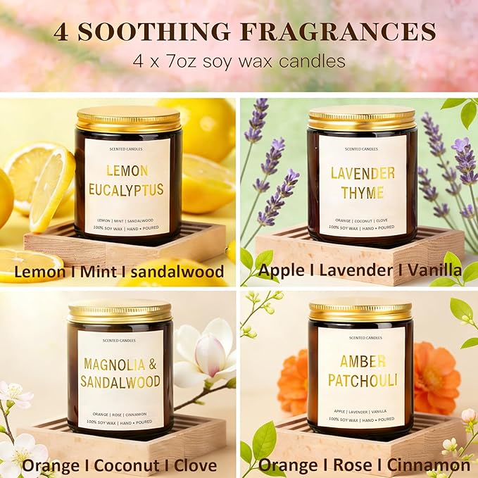 Candles for Home Scented, 4 Pack Soy Candle Non Toxic, Aromatherapy Candles with Lavender Thyme,Magnolia & Sandalwood,Amber Patchouli,Lemon Eucalyptus - Candle Gifts Set for Women & Valentine's Day