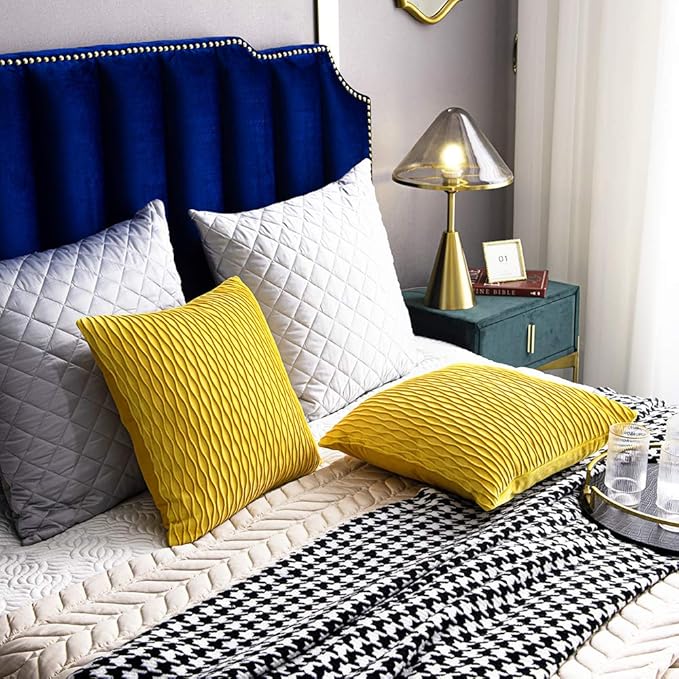 Mustard Yellow Couch Pillow Covers: 2 Pack 18x18 Inch Original Striped Velvet Square Throw Pillow Cases for Farmhouse Home Decor