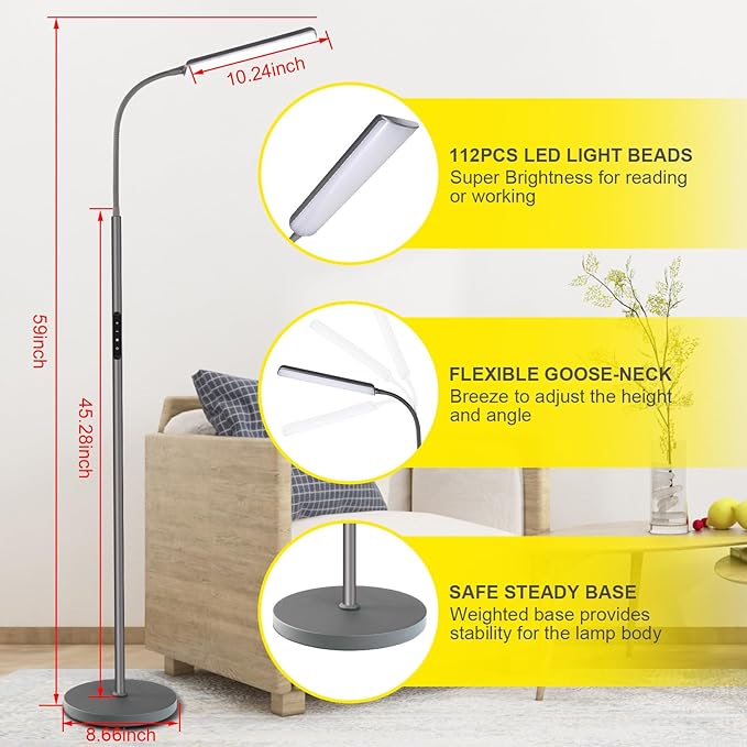 Dimunt LED Floor Lamp, 15W Bright Floor Lamps for Living Room with 1H Timer, Dimmable 3000K-6000K Colors & Brightness Standing Lamp with Remote Push Button, Reading Floor Lamps for Home Office- Grey