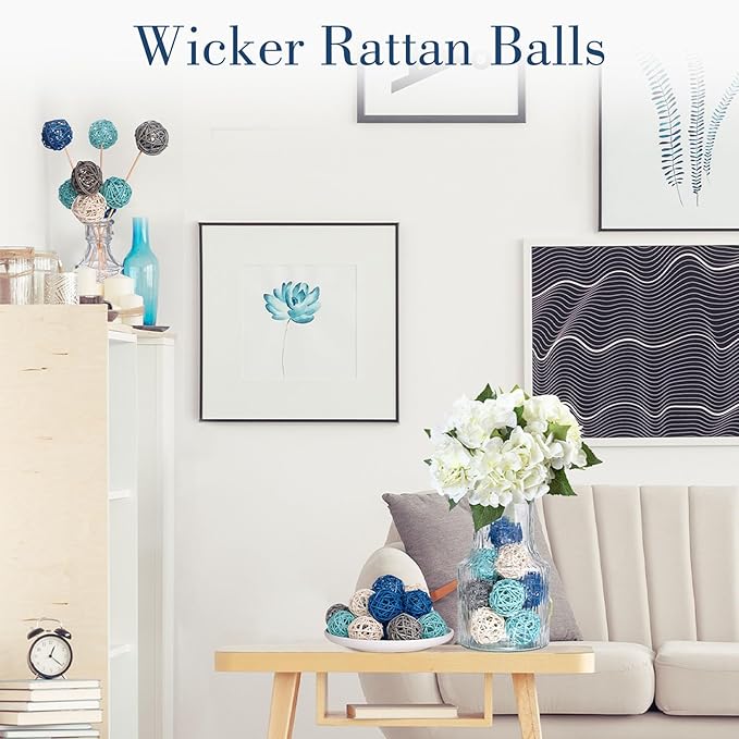 DomeStar 24PCS Blue Decorative Balls for Bowl Centerpiece, 2 Inch Rattan Balls Bowl Fillers Decor - Wicker Twig Orbs Spheres, Wedding Home Vase Table Decor
