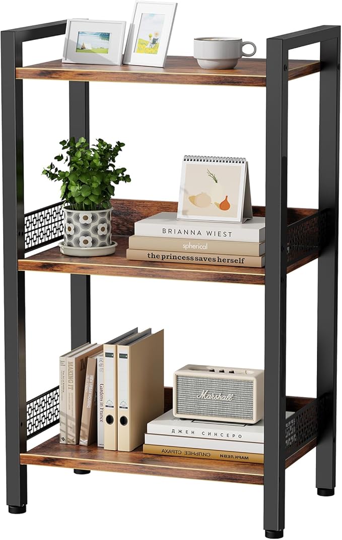 3-Tier Book Shelf, Bookcase with a Back Panel, Storage Shelves for Bedroom, Living Room & Home Storage (Brown Black)