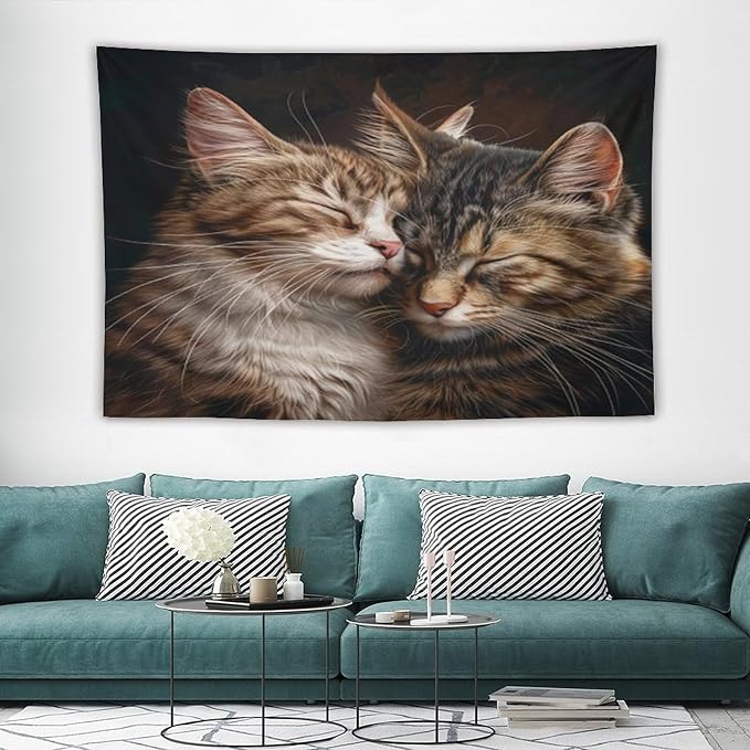VUMIVI Cat Tapestry Adorable Animals Two Kittens Snuggling Together Vintage Print Realistic Design Tapestry Wall Hanging for Living Room Bedroom Dorm Classroom Aesthetic Decor W90xL60in