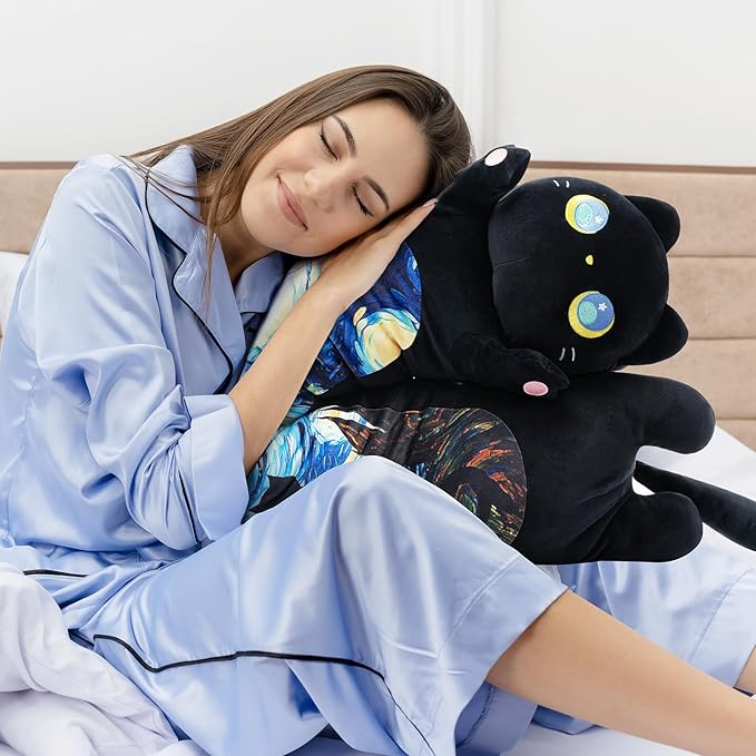 Mewaii Long Cat Plush 5 Sizes, 120% Extra Filling Giant Plushness Kids Body Pillow, Kawaii Cute Black Starry Cat Stuffed Animals Plushies, Big Long Body Pillow Plush Gift for Girls 20”