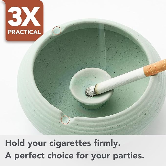 Ashtray with Lid for Outside Patio, Windproof Ash tray, Ceramic Smokeless Ashtray for Outdoor Home Office Tabletop Patio Outdoor Balcony, Mint Green