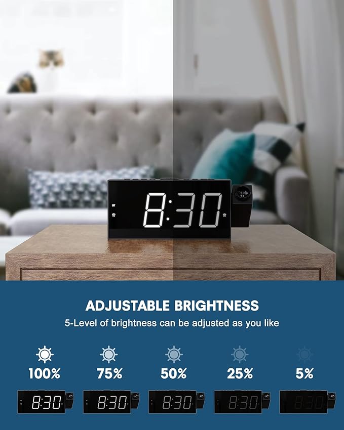 Projection Alarm Clock on Ceiling,Digital Clock for Bedroom with Battery Backup,7”Large Display,USB Charger,Dimmer,180° Rotatable Projector,12/24H,Snooze,DST,Loud Alarm Clock for Kids,Adults,Elders