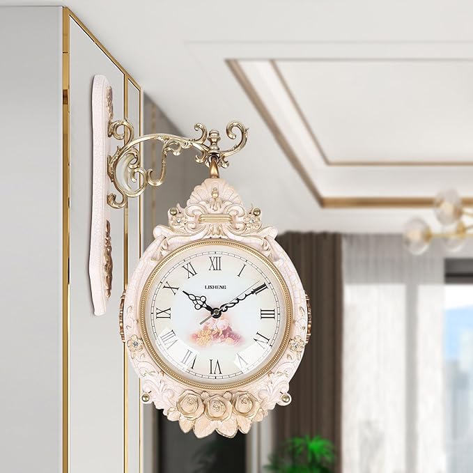 Cream Double Sided Large Wall Clock, Elegant, Traditional, Vintage Style 360° Rotating Metal Wall Clock, Indoor Outdoor Office Living Room Porch Clock Wall Decor (Cream Double Sided Clock)