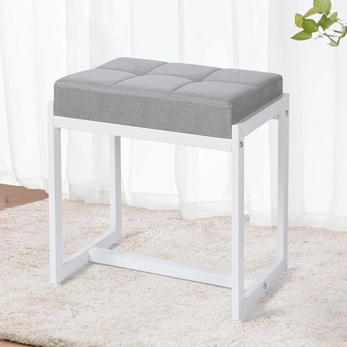 Vanity Stool, Vanity Chair Stools for Makeup Room, Square Linen Makeup Stool for Vanity, Modern Padded Small Ottomans Foot Rest for Bedroom Living Room, Grey & White