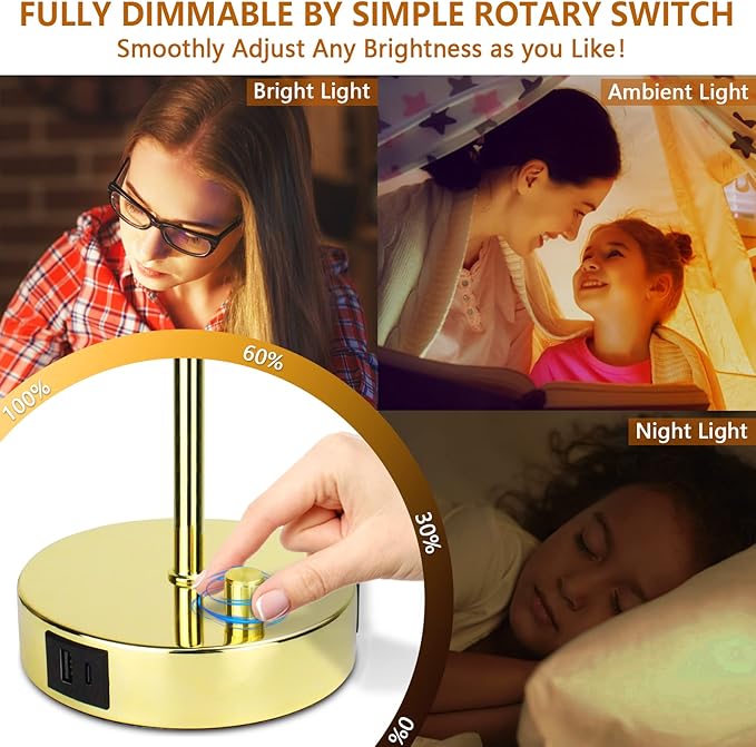 HiBay 17.75" Dimmable Bedside Table Lamp with Charging Station - 2 USB Ports & AC Outlet, Vintage Gold Nightstand Light with Parchment Shade for Bedroom Kids Room Dorm, Bulb Included
