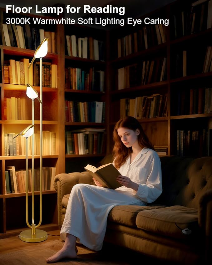 Lightdot Gold Floor Lamp for Living Room Modern Mid Century Standing Light with 3 Adjustable LED Bird Lights for Wedding Party Unique Tall Floor Lamp for Bedroom Kids Room/Sofa Beside/Corner Decor