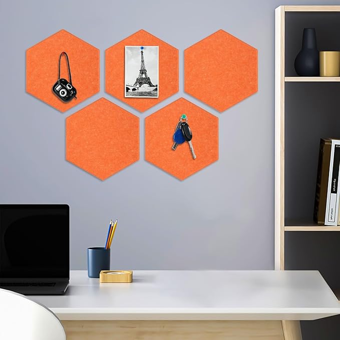 8 Packs Hexagon Felt Pin Board, 12" Bulletin Board with 30 Push Pins, Felt Board for Home Kitchen Office Decor, Self-Adhesive Corkboard Tiles for Walls School Message Photos Memos-Orange
