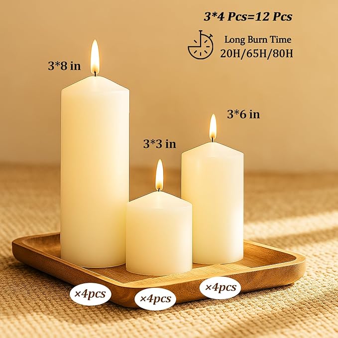 12 Pack Ivory Pillar Candles Bulk Set, 3x3 3x6 3x8 Inch - 4 Each Size, Dripless Smokeless Clean Burning for Wedding Centerpieces, Home Decor, Church, Romantic Ambiance！