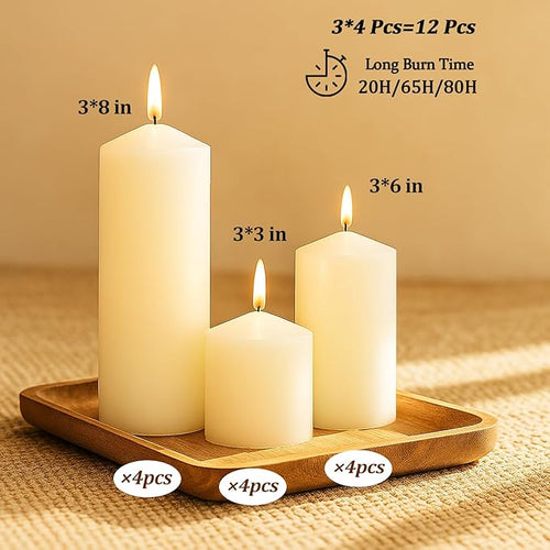 12 Pack Ivory Pillar Candles Bulk Set, 3x3 3x6 3x8 Inch - 4 Each Size, Dripless Smokeless Clean Burning for Wedding Centerpieces, Home Decor, Church, Romantic Ambiance！
