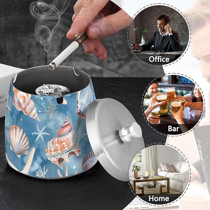 Starfish Coral Blue Ashtray with Lid, Outdoor Ashtrays for Patio, Stainless Steel Ashtray Odorless Smokeless for Home Office Balcony