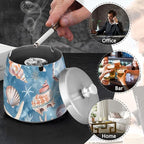 Starfish Coral Blue Ashtray with Lid, Outdoor Ashtrays for Patio, Stainless Steel Ashtray Odorless Smokeless for Home Office Balcony