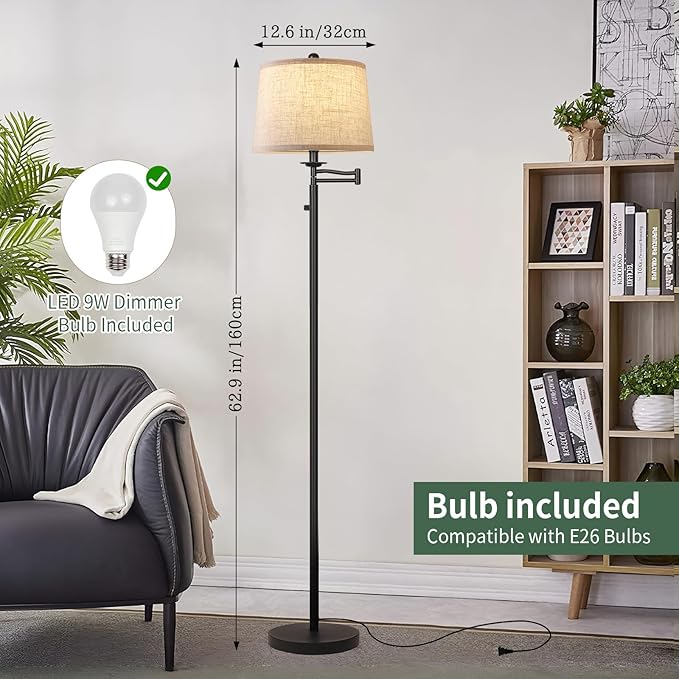 Dimmer LED Floor Lamp,Tall Standing Lamp with Swing Arm,Black Lamp with Dimmer LED Bulb,Elegant Floor Lamp for Living Rooms & Bedroom (Black)