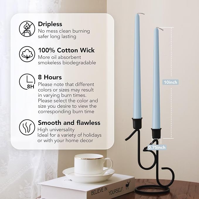 New Burning Formula Unscented Dripless 10-Inch Taper Candles Set of 12 - Baby Blue, for Wedding, Dinner - Smokeless, Long Burning - Hand Poured, Colored Tall Candlesticks - Azul Bebé