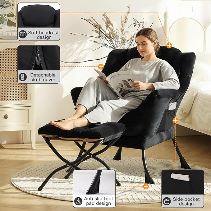 Lazy Chair with Ottoman, Large Lounge Accent Chair with Ottoman and a Throw Pillow, Black Reading Chair for Living Room Bedroom Dorm Room Office Apartment Relaxing Use