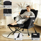 Lazy Chair with Ottoman, Large Lounge Accent Chair with Ottoman and a Throw Pillow, Black Reading Chair for Living Room Bedroom Dorm Room Office Apartment Relaxing Use