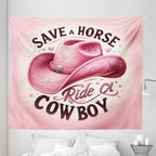 Ambesonne Funny Tapestry King Size, Humorous Feminine Design with Hat and Save a Horse Ride a Cowboy Lettering, Wall Hanging Bedspread Bed Cover Wall Decor, 104" X 88", Pink and Seal Brown