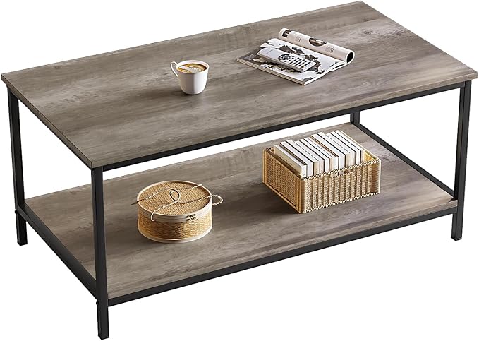 SAYGOER 2-Tier Coffee Table for Living Room Farmhouse Style Center Table with Storage Shelf Rectangle Wood Table for Large or Small Spaces Apartment Home Office, Easy Assembly Gray Wash