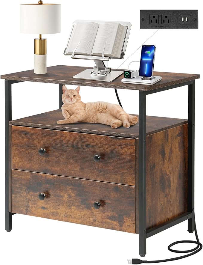27 inch Wide Night Stand with Charging Station, Bedside Table with Open Shelf, 2 Drawers Small Wood Dresser, Modern Wood Nightstand for Bedroom/Living Room (Rustic Brown)