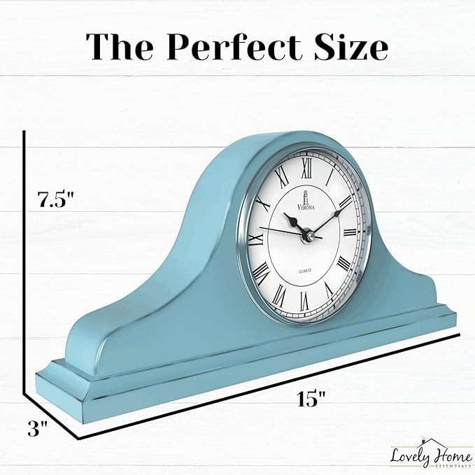 Mantel Clock Battery Operated - Wooden, Rustic Teal Mantle Clock for Living Room Decor Above Fireplace Mantel, Office, Shelf & Home Décor Gift 15x7.5 - Silent Wood Mantel Clock for Living Room Table