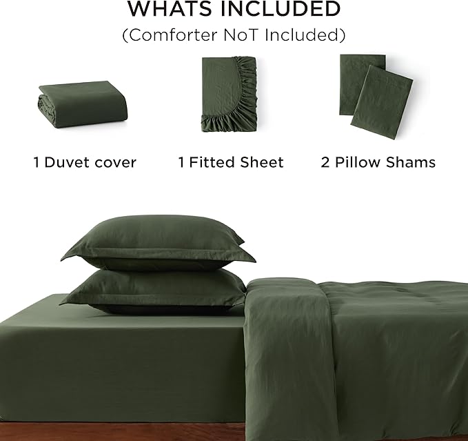 Bedsure Duvet Cover Queen Size with Fitted Sheet - 4 Pieces Prewashed Cotton-Like Extra Soft Bedding Set, Includes 1 Duvet Cover 90x90 Inches, 2 Pillow Shams, 1 Fitted Sheet, Olive Green