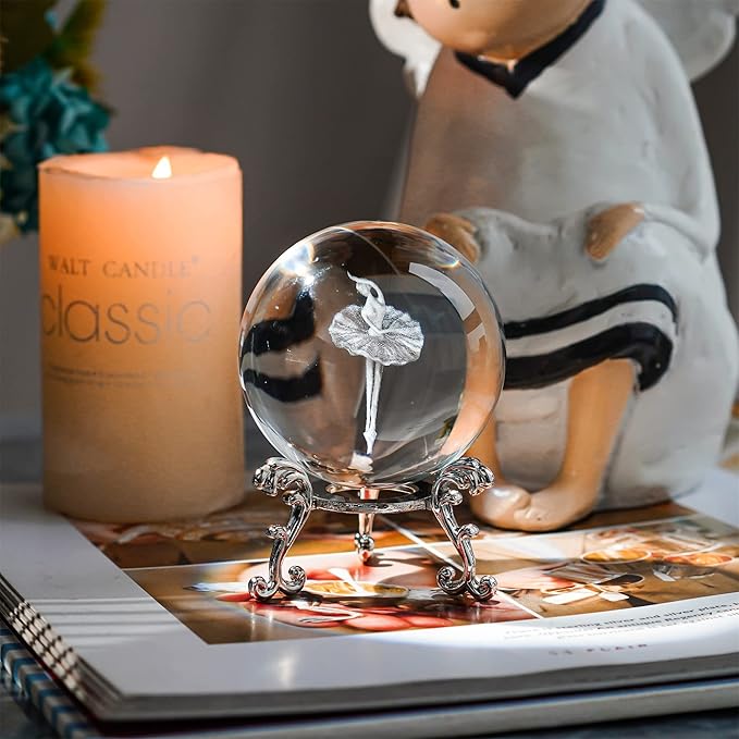 HDCRYSTALGIFTS 3D Laser Engraved Ballerina Dancing Crystal Ball Paperweight Elegant Ballet Dancer Girl Figurine Glass Sphere Home Art Decor (60mm,2.4inch)