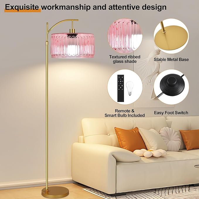 Pink Floor Lamp for Living Room,Bedroom,Gold Dimmable Standing Lamp with Remote,Mid Century Modern Brass Tall Lamp Boho Floor Lamps Arc Stained Glass Flower Floor Light Lamp Girls kids Bohemian