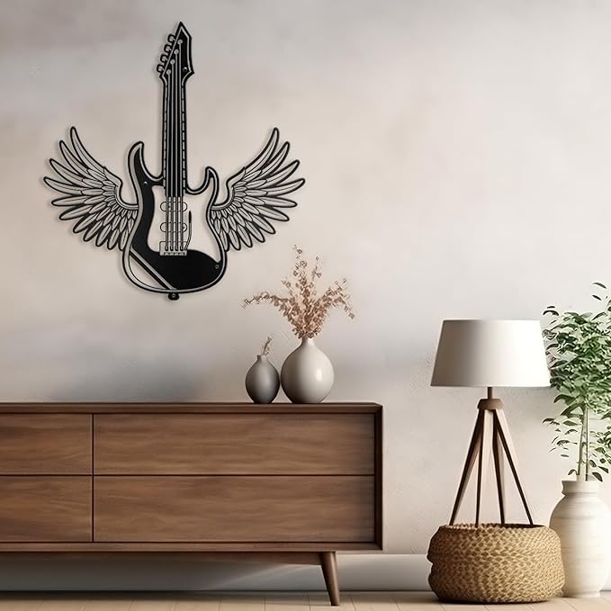SIGNLEADER Metal Wall Art Decor - Electric Guitar with Wing Minimalist Modern Abstract Wall Sculpture Hanging Home Decoration for Living Room, Bedroom, Bathroom, Kitchen, Studio, Outdoor - 18" Black