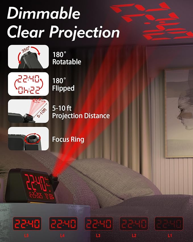 Roxicosly Projection Alarm Clock for Bedroom Ceiling, 118 dB Super Loud for Heavy Sleepers, 6.7" Large Digital Dimmable Display with Day Date Indoor Temp Humidity, Dual Alarms Adjustable Volume