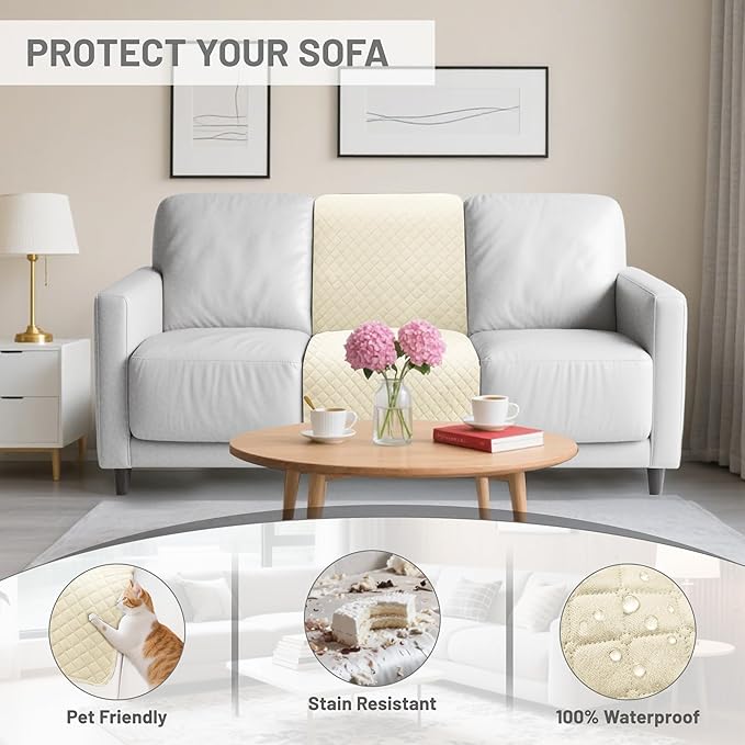 Recliner Sofa Covers 100% Waterproof Velvet L Shape Recliner Couch Covers for Dogs Pets Washable Anti Slip 1 Additional Couch Cover for Reclining Couch (Additional Seat, Ivory White)