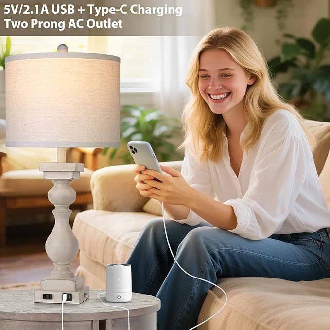 28" Tall Farmhouse Table Lamps Set of 2 with USB C+A Ports and AC Outlet, 3 Way Touch Tall Rustic Bedside Lamps for Living Room, Cream Vintage Lamps for Bedroom