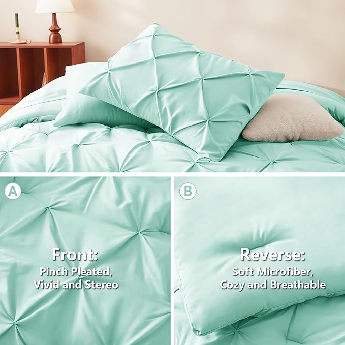 CozyLux Full Size Comforter Sets Mint Green, 7 Pieces Pintuck Bed in A Bag Green Comforter Full Size, Pinch Pleat Bedding Sets with All Season Comforter, Flat Sheet, Fitted Sheet, Pillowcases & Shams