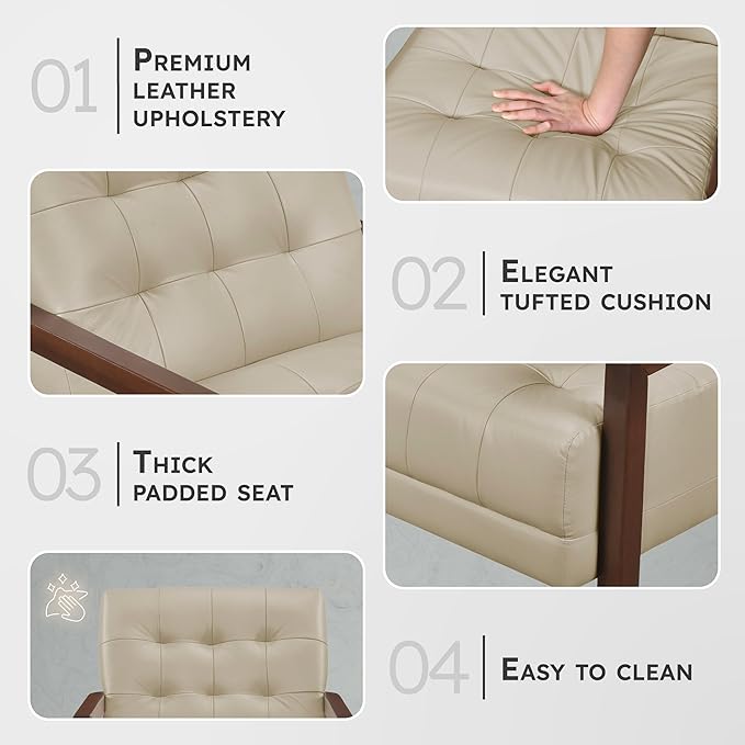 Lexicon Modern Accent Chair, Luxury Genuine Leather Match Living Room Chair With Tufted Cushions, Arm Chair With Solid Wood Frame, Comfy Single Chair For Living Room/Bedroom/Reading Room/Office, Beige