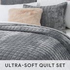 RECYCO Luxury Velvet Quilt Set Full Queen Size, Lightweight Velvet Comforter Set, Oversized Bedspread Coverlet Quilted Bedding Set, with 2 Matching Pillow Shams, for All Season, Gray