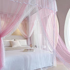 AIKASY 4 Corners Post Ruffle Princess Bed Canopy Curtain - Double Layer Cozy Drape Netting with 4 Openings - Elegant Mosquito Net for Girls and Adults Bedroom Decoration (Pink, Twin)