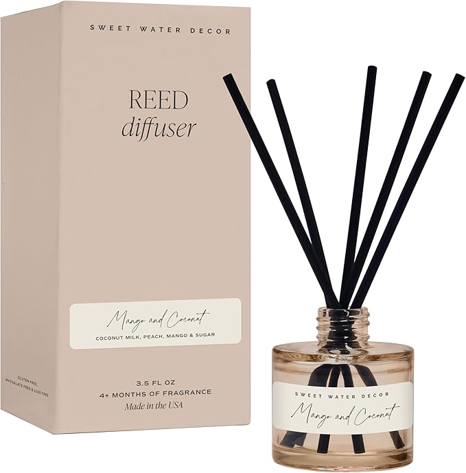 Sweet Water Decor Mango and Coconut Reed Diffuser – Room Decor Aesthetic with Long-Lasting Premium Fragrance of Mango, Pineapple, Orange, Peach, Coconut Milk for 4 Months – Ideal for Home Decor